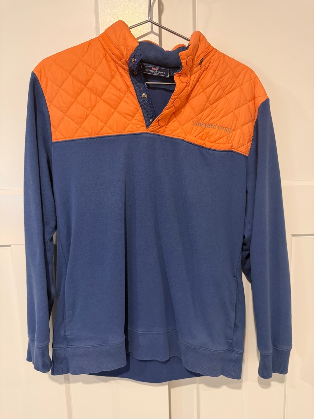 Vineyard Vines Orange Quilted Yoke Pullover with Navy Trim